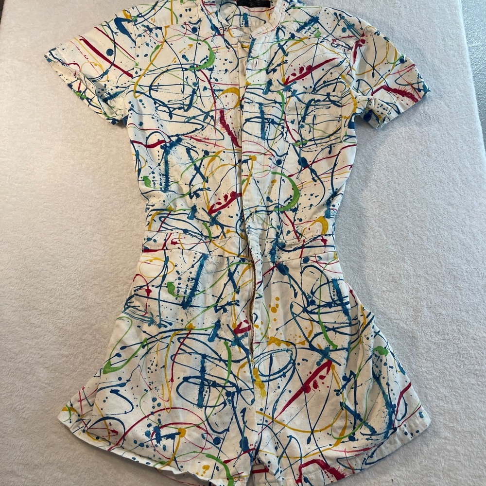 RompHim ACED Design Mens White Paint Splatter Graphic Romper Large Short Sleeve